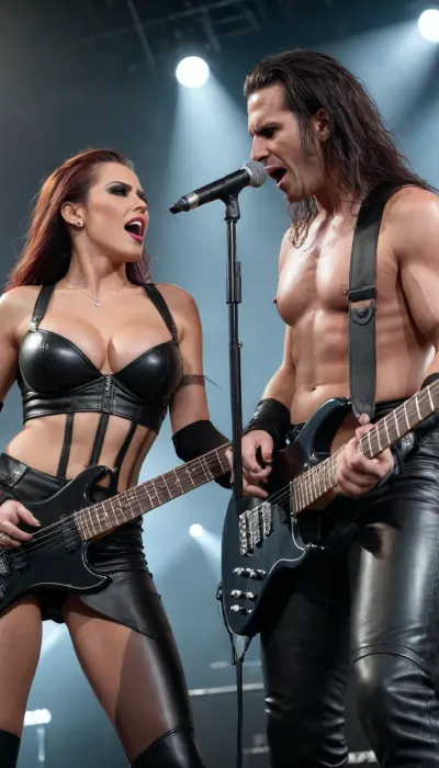 Photorealism, hyper-realistic, masterpiece, Award winning Picture, Crystal clear Picture, uhd, detailed faces, highest resolution, (heavy Metal Band, full leather Outfit, female Singer With shaved realistic pussy, male guitarist, male Bassist, Male Drummer), on stage, she ist showing her huge breasts, Full Body view, thick cocks