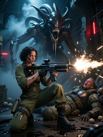 A masterfully composed, hyper-realistic cinematic action still from the movie Aliens, (1986), . In the center, a fierce woman with short dark curly voluminous hair like Ellen Ripley, her face covered in sweat and smudges of dark grease, wearing a battle-worn olive-green Colonial Marine jumpsuit. She is tightly holding and firing an authentic M41A pulse rifle with its distinct blocky square heavy chassis and integrated underslung grenade launcher, emitting a massive blinding muzzle flash with heavy flying sparks. On the dark grimy floor right behind her leg, a wounded space marine in bulky tactical armor is collapsed, grimacing in intense pain. Looming directly above them out of the thick industrial fog and steam is the colossal, terrifying Alien Queen with her signature massive crest crown, multiple inner biomechanical jaws open wide, and sharp dripping fangs. The scene is set inside the organic Xenomorph hive covered in dark wet resin and pulsing alien eggs. High-contrast dramatic low-key lighting with flashing emergency red strobes and harsh cold blue backlight. Zero glitches, perfect hands anatomy, photorealistic masterpiece, 8k resolution.