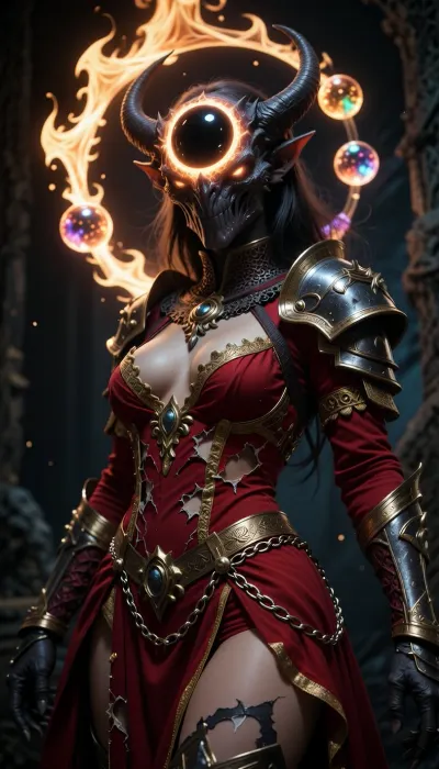 drkfnts style, fantasy mythical creature with glowing orb similar to black hole for head and female body, orb is surrounded by glowing aura like flame, also orb is curved with glowing magical orbs, she is wearing ornate but torn and deformed red dress with golden edges and damaged chainmail armor over dress, dark and eerie atmosphere, chromatic aberration and film grain, dark fantasy
