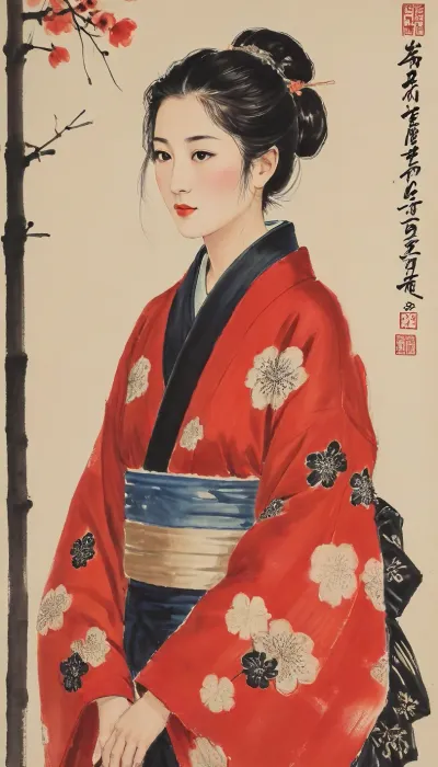 traditional Japanese ukiyo-e woodblock print from the early 19th century, depicting a beautiful Japanese woman, (bijin-ga), wearing an intricate, patterned silk kimono. Flat colors, bold calligraphic black outlines, traditional Edo period hairstyle, delicate facial features, vintage washi paper texture, highly artistic, ukiyo-e masterpiece., baishi, style, of, Qi, Baishi, <lora:baishi_xl_0_-000004:1.4>, <lora:tbh170-sdxl:1.4>