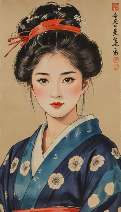 traditional Japanese ukiyo-e woodblock print from the early 19th century, depicting a beautiful Japanese woman, (bijin-ga), wearing an intricate, patterned silk kimono. Flat colors, bold calligraphic black outlines, traditional Edo period hairstyle, delicate facial features, vintage washi paper texture, highly artistic, ukiyo-e masterpiece., style, of, Qi, Baishi, <lora:tbh170-sdxl:1.4>