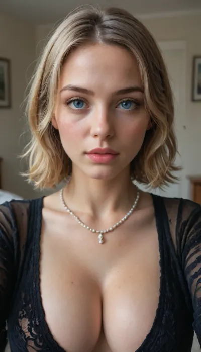 photorealistic young woman, short wavy light brown blonde bob haircut, freckles on face, fair skin, blue eyes, winged eyeliner, glossy lips, soft expression looking at viewer, large breasts, deep cleavage, black sheer lace robe with deep V-neck and lace trim, pearl necklace, close-up upper body selfie pose, hotel bedroom, soft indoor lighting, sharp focus, detailed skin texture, masterpiece, best quality, ultra detailed, photorealistic