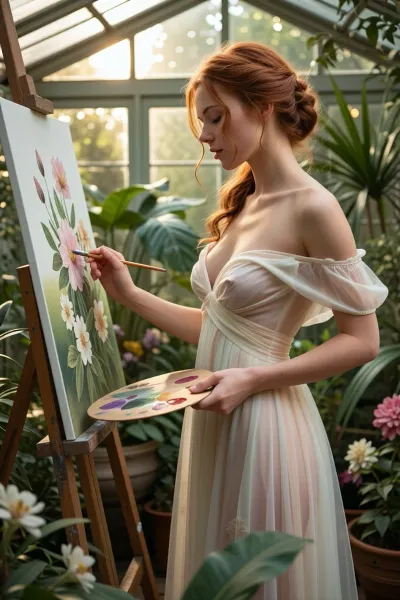 A masterpiece—a cinematic picture with many details in 8K image quality, A beautiful redhead woman embodying timeless elegance is painting a flower inside a lush greenhouse filled with vibrant greenery and delicate flowering plants. She is dressed in an elegant, flowing pastel-colored translucent white dress that drapes softly around her slender figure, let her breast shine throu, exuding serenity and artistry. Her hair is styled in loose, romantic waves, framing her gentle, She carefully paints detailed flowers onto her canvas — her eyes closed in concentration — to capture the beauty of the flower. The woman's posture is poised yet natural, with one hand she hold a painting color palette while the other holds a fine brush, capturing the fine details of the blooming flower. The greenhouse is bathed in warm, dappled sunlight filtering through glass panels, creating a dreamy, luminous atmosphere. Surrounding her, various exotic plants and vibrant blossoms add rich textures and color contrasts, enhancing the scene’s lush, nurturing environment. The composition is a balanced close-up view that highlights the woman's artistic aura and the beauty of her gentle movements. The scene radiates tranquility, inspiration, and harmony with nature, styled in a romantic, impressionistic manner with soft lighting that emphasizes the delicate beauty and serenity of the moment.