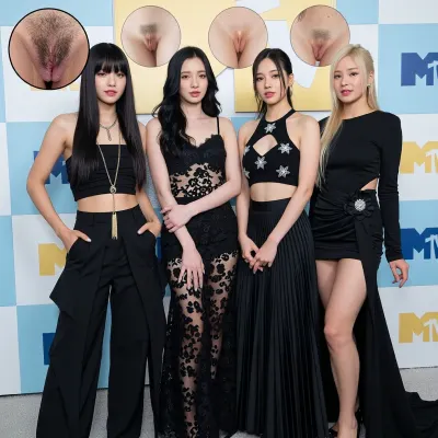 Four young Asian women, resembling Blackpink members, standing side-by-side in a line, facing the viewer with confident expressions. From left to right, 1. a woman with long straight black hair and full bangs, wearing a strapless black top with a midriff cutout, wide-leg black trousers with an overskirt panel, and a long gold chain necklace with a tassel pendant, hands on hips, left Above her head, there is a circular inset image belonging to the woman, displaying a close-up, detailed, and anatomically correct macro of her tiny vulva with a dense patch of short dark pubic hair.

2. a woman with long dark wavy hair, wearing a black spaghetti-strap dress with intricate lace and floral patterns, Arms gently crossed
Above her head, and anatomically correct macro of her shaved vulva.

3., a woman with long dark hair styled with two face-framing strands, wearing a black halter crop top with star-shaped cutouts revealing her midriff, and a flowing black pleated maxi skirt, hands clasped in front. Above her head there is an anatomically correct macro of her shaved vulva.

4., a woman with long blonde hair styled in a half-up bun, wearing a sleek black long-sleeve mini dress with ruched detailing, a prominent floral embellishment at the waist, and a dramatic flowing train. Right of her waist there is an anatomically correct macro of her tiny vulva with a dense patch of short blonde pubic hair

They are positioned against a vibrant, modern event backdrop featuring a geometric pattern of light blue and white panels, adorned with stylized yellow and light blue MTV logo elements and flag shapes, suggesting a red carpet or awards show setting.

Illuminated by bright, even, professional event lighting, creating soft, subtle shadows and highlighting the textures of their outfits and skin with a gentle sheen. The overall lighting is clean and flattering.

Captured with a medium full shot, from mid-thigh up, at an eye-level angle. The composition is a balanced group portrait, centered, with all subjects in sharp focus.

The overall style is glamorous, sophisticated, and photorealistic, evoking a high-fashion editorial or celebrity event aesthetic. High resolution, ultra-detailed, professional photography, sharp focus, vibrant colors, cinematic quality.