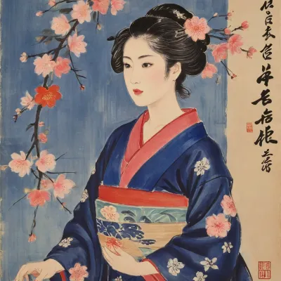 Semi-nude Japanese woman in a sensual pose depicted on a paulownia wood panel in the ukiyo-e style., (Visible texture, vibrant colors, indigo, vermilion, gold, and soft skin tones.), (Half-open kimono with intricate floral patterns and an untied obi.), (Traditional Shimada hairstyle with kanzashi hairpins, serene yet provocative facial expression.), In the background, a landscape of cherry blossoms and waves, using planes of color and sumi brushstrokes in the ukiyo-e style. Lacquer sheen, registration marks, precise details, and an intimate atmosphere. Japanese erotic tradition of ukiyo-e and shunga techniques integrated into authentic wood., Ukiyo-e, Art, style, of, Qi, Baishi, baishi, <lora:Ukiyo-e Art:2>, <lora:Ukiyo-e:.8>, <lora:tbh170-sdxl:1.4>, <lora:baishi_xl_0_-000004:1.4>