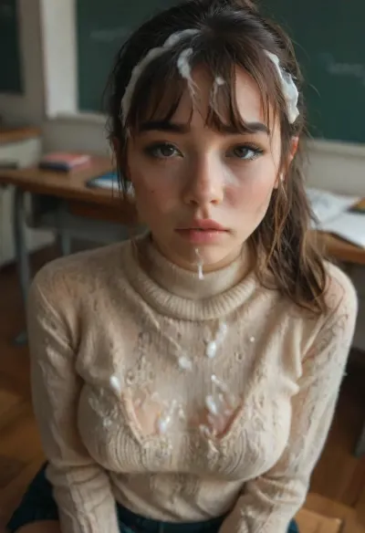 Masterpiece, hd, ultrarealistic, score_9, score_8_up, score_7_up, Pov from the side and above, looking down at a girl sitting at a desk in a classroom, side view, ((very high angle of view)), 18 years old, she's 18 but looks 14, legal age of consent, half asian, she has long straight brown hair, (tight high ponytail), (bangs), (fringe), (her hair is beautiful, clean and shiny), (her hair is covered in cum), (cum in hair:1.4), (lots of cum in her hair), (cum dripping off her chin), cum on sweater, cum on shirt, cum on face, cute, adorable, innocent, (young), tight fitting school uniform, (tight sweater:1.6), (cleavage:1.4), (very skinny), very petite, freckles, (dark eye makeup), (black eyeliner), (dark eye shadow), (black mascara), pink lipgloss, hands together daintily in her lap, sad, angry, (crying:1.4), (tears:1.6), girl, cum, on, face, <lora:MJ52:.8>, <lora:style_lora_realis:2>, <lora:JustCum:2>