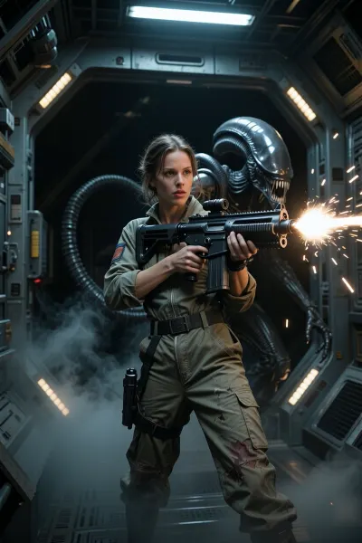 An epic wide-angle cinematic shot, taken from a three-quarter angle, (from the knees upwards), featuring two characters. A brave woman from the film *Alien*, dressed in a dusty jumpsuit, holds a heavy, futuristic pulse rifle in her hands, assuming a defensive combat stance. Behind her, emerging from the dark shadows of the spaceship’s metallic corridor, appears a huge, terrifying Xenomorph creature with a long, shiny, elongated head. The aesthetics of the shot are characterised by industrial retrofuturism, flashing emergency strobe lights, sparks, dark shadows, thick fog, a high-contrast, dynamic composition, and 8K resolution.