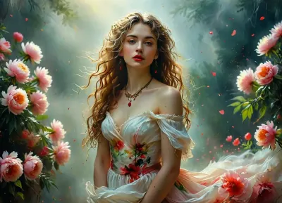 (Dark Fantasy Artwork), artistic, low angle, artistic painting in a watercolor and oil on parchment, 40 yo, belle caucasian female with long flowing curly hair, white off the shoulder top, flowing red skirt, seductive gaze, red lips, delicate earrings, multiple necklaces and bracelets, red heart shape, dynamic effect through paint splashes and streaks, a cluster of large soft pink peonies with green foliage, warm colors, painterly texture, fantasy, natural beauty, gleaming ghostly gold, epically atmospheric fog, red ribbons, /KlTTY-ART/, <lora:COMFYUI_mimic_landscape_-_XL_SDXL v2.0:.1>, <lora:MJ52:.1>