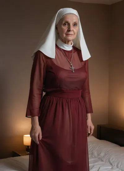 (((1 woman, solo, portrait))), professional hardcore porn photography, standing posing, in an extremely romantic bedroom, exotic beige bedding, (night:1.9), (chiaroscuro:1.9), (((only backlight:1.9))), ultra detailed, ultra realistic, extremely detailed background, (((extremely aged extremely elderly ancient 50 year old native nun:1.9))), extremely feminine, large breasts, curvy, slim, extremely limp saggy wrinkled tits, (((skin-tight knee-length burgundy ultra-sheer hyper-see-through breezy wavy A-line nun hoopdress:1.9))), stiletto high heels, Photorealistic rendering with authentic elderly skin pores and fine facial detail, realistic hair strands, natural textures and reflections, detailed architectural and textile surfaces, physically realistic, realistic chiaroscuro. No artificial beauty filter or plastic appearance. 4K, UHD, upscale, photorealistic, highly detailed, (artificially upscaled, optimized picture:1.9), (((heavy massive aging:1.9))), post-process optimalization and correcting anatomical anomalies, <lora:elegant_evening_wear_ntc:.8>, 4ng3l, face, <lora:SDXL_BetterFaces-LoRA_v1:.8>, <lora:SDXLHighDetail_v6-000005:.8>