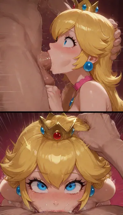 Princess Peach, throat fucking, wide eyes, shocked, tearful, tears, on her knees, deepthroat, rough blowjob, extreme wide eyes, she is gagginghis cock, extreme deepthroat, face slapped, extreme bounce lines, cock in mouth, cock cumin deep inside her throat, grabbed by head, held by hair, side view