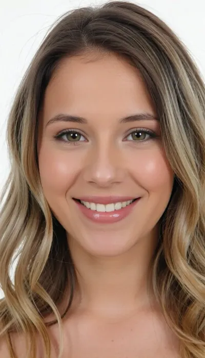 Generate a close-up upper-body portrait of a young, 18-year-old Californian woman. She is a singer-songwriter known for tracks such as "Bubble, " "Falling for You, " "Brighter Than the Sun, " "You Got Me, " "I Do, " "Try, " "Lucky, " and "I Never Told You." She has a soft, slightly oval—ranging from elongated to heart-shaped—face with harmonious, friendly symmetry and contours. Her eyes are hazel to light brown, featuring subtle green-gold facets, they are distinctively almond-shaped. Her nose is relatively narrow, straight, and even, tapering to a slightly rounded tip. She has a wide smile. Her lips are full and evenly curved, with the lower lip appearing slightly fuller than the upper one. Her cheekbones are softly defined. When she smiles, prominent, round "apple cheeks" emerge, giving her a very youthful appearance. Her ears are medium-sized, well-proportioned, and lie flat against the sides of her head. She has a smooth, average-height forehead. Her face is framed by a center part. Her hair is naturally dark blonde with highlights in shades of honey, champagne, and ash blonde, or styled in an ombre effect, the texture is fine to medium, with soft waves and light curls. Naturally, she has light, fine, straight eyebrows. Her mouth is well-proportioned with full lips. She displays a wide, warm, and natural smile. She has softly curved, high cheekbones that lend her face a youthful freshness, especially when she smiles. She has a smooth, medium-high forehead. As a small, distinctive feature, she has a small, elongated, narrow, skin-colored natural birthmark in the center of her forehead, above her nose and eyebrows.