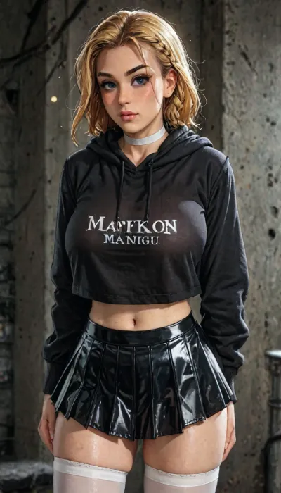 ((Melkor mancin meet markgavatino style)), reiq style, masterpiece, ((1woman, 8k resolution, ultra-detailed)), (White over-thigh socks:1.4), (white choker), ((white sheer pleated latex skirt:1.4)), (black transparent cropped hoodie:1.4), (underboobs:.6), (side view), big breasts, cammy, white, twin, braids, long, hair, blonde, blue, eyes, scar, on, cheek, large, breasts, green, tan lines Sexy Girl, (Shiny Skin), <lora:LCMTurboMix_Euler_A_fix:1.1>