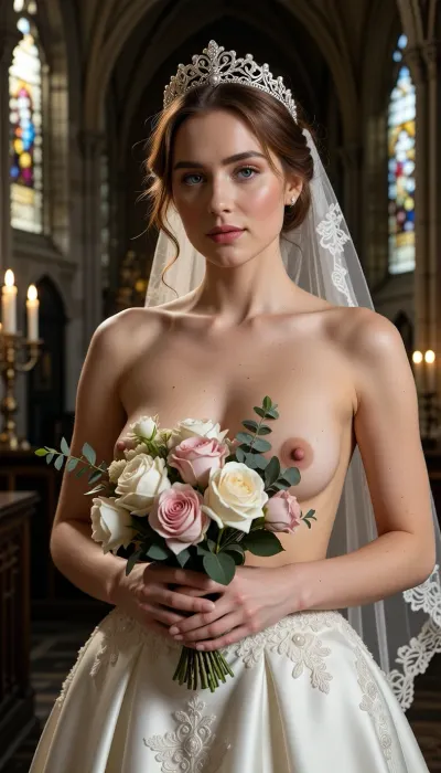 Shot with a high-end Leica Noctilux-M 85mm f/1.2 prime lens at wide-open aperture, hyperrealistic waist-up medium fine-art portrait capturing the bride from head down to her waistline, raw camera fidelity, unretouched natural skin texture displaying fine pores, subtle skin grain, soft vellus hairs, and delicate natural flush, dramatic romantic chiaroscuro lighting, masterwork composition, 8K resolution.

A breathtakingly beautiful bride on her wedding day, framed in a romantic waist-up fine-art nude portrait inside the sacred, serene atmosphere of a medieval Gothic cathedral. Her face, completely bare chest, exposed torso, and hands are illuminated by a radiant beam of soft, cinematic morning sunlight filtering through ancient stained glass windows, casting ethereal gold highlights across her bare skin.

Her facial anatomy and features are captured with flawless clarity, a perfectly balanced symmetrical oval face, high softly sculpted cheekbones touched by a gentle peach blush, luminous dew-kissed skin texture, and large almond-shaped hazel eyes framed by dark fluttery eyelashes. Her eyelids feature iridescent pearl eyeshadow with a satin finish, leading down to a fine straight nose and full, supple lips with dusty-pink satin lipstick emphasizing her delicate cupid's bow.

Her ginger hair is styled into a soft, sophisticated low chignon with loose waves kissing her jawline. She wears a magnificent white gold tiara intricately wrought with filigree scrollwork and encrusted with brilliant-cut micro-diamonds and pearls, with a sheer Chantilly lace cathedral veil draped gracefully behind her back.

Fine-art composition and posing, she is completely topless on her upper body, wearing an opulent high-waisted haute couture bridal skirt crafted from rich ivory silk organza and embellished with delicate lace appliqués. She holds a lavish, hand-tied artisanal bouquet of white peonies, dusty-pink garden roses, and eucalyptus tilted gracefully across her chest, strategically concealing one breast with the lush floral petals while leaving her bare torso, collarbones, and the other natural breast completely exposed in elegant chiaroscuro shadows.

The background dissolves into a smooth, creamy bokeh showing the majestic carved stone pillars of the cathedral, glowing candlelight from flickering votive candles, and towering vaulted arches. Perfect color grading, high-contrast chiaroscuro, uncompromised raw photograph fidelity.