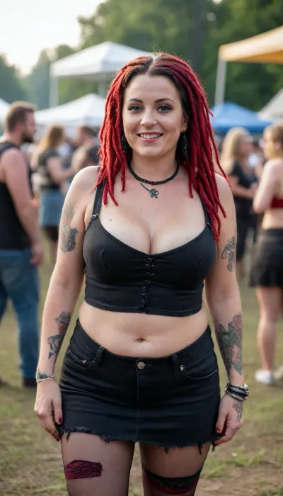 50 years old gothic chubby mature woman at a music festival. Wide hips. Belly folds and bulges. Mature european face. Blurred people in the background. Rock music festival. Outdoor. Cleavage. Multicolored dreadlocks hair. Tattooed. Piercings. Wearing torn pantyhose. Wearing black denim skirt. Wearing a red bra. Big drooping breasts. View from above. Her hands are grabbing her boobs. Smilling.