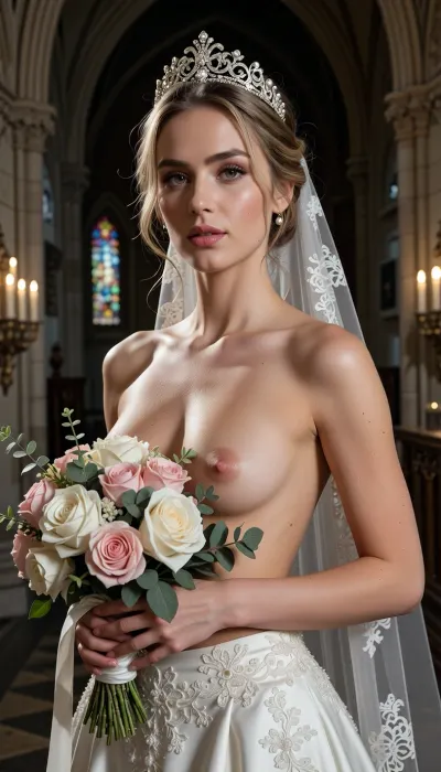 Shot with a high-end Leica Noctilux-M 85mm f/1.2 prime lens at wide-open aperture, hyperrealistic waist-up medium fine-art portrait capturing the bride from head down to her waistline, raw camera fidelity, unretouched natural skin texture displaying fine pores, subtle skin grain, soft vellus hairs, and delicate natural flush, dramatic romantic chiaroscuro lighting, masterwork composition, 8K resolution.

A breathtakingly beautiful bride on her wedding day, framed in a romantic waist-up fine-art nude portrait inside the sacred, serene atmosphere of a medieval Gothic cathedral. Her face, completely bare chest, exposed torso, and hands are illuminated by a radiant beam of soft, cinematic morning sunlight filtering through ancient stained glass windows.

Her facial anatomy and features are captured with flawless clarity, a perfectly balanced symmetrical oval face, high softly sculpted cheekbones touched by a gentle peach blush, luminous dew-kissed skin texture, and large almond-shaped hazel eyes framed by dark fluttery eyelashes. Her eyelids feature iridescent pearl eyeshadow with a satin finish, leading down to a fine straight nose and full, supple lips with dusty-pink satin lipstick emphasizing her delicate cupid's bow.

Her blond hair is styled into a soft, sophisticated low chignon with loose waves kissing her jawline. She wears a magnificent white gold tiara intricately wrought with filigree scrollwork and encrusted with brilliant-cut micro-diamonds and pearls, with a sheer Chantilly lace cathedral veil draped gracefully behind her back.

Fine-art composition and posing, she is completely topless on her upper body, wearing an opulent high-waisted haute couture bridal skirt crafted from rich ivory silk organza and embellished with delicate lace appliqués. She holds a lavish, hand-tied artisanal bouquet of white peonies, dusty-pink garden roses, and eucalyptus tilted gracefully across her chest, strategically concealing one breast with the lush floral petals while leaving her bare torso, collarbones, and the other natural breast completely exposed in elegant chiaroscuro shadows.

The background dissolves into a smooth, creamy bokeh showing the majestic carved stone pillars of the cathedral, glowing candlelight from flickering votive candles, and towering vaulted arches. Perfect color grading, high-contrast chiaroscuro, uncompromised raw photograph fidelity.