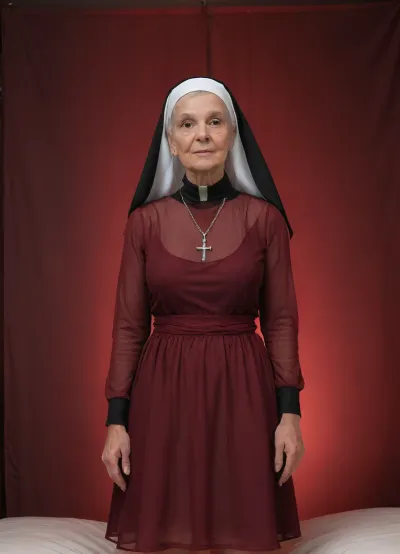(((1 woman, solo, portrait))), professional hardcore porn photography, standing posing, insane sex-maniac, ultra-kinky, cock-hungry, in an extremely romantic bedroom, exotic beige bedding, (night:1.9), (chiaroscuro:1.9), (((only backlight:1.9))), ultra detailed, ultra realistic, extremely detailed background, (((extremely aged extremely elderly ancient 50 year old native nun:1.9))), extremely feminine, large breasts, curvy, slim, extremely limp saggy wrinkled tits, (((skin-tight knee-length burgundy ultra-sheer hyper-see-through breezy wavy A-line nun hoopdress:1.9))), stiletto high heels, Photorealistic rendering with authentic elderly skin pores and fine facial detail, realistic hair strands, natural textures and reflections, detailed architectural and textile surfaces, physically realistic, realistic chiaroscuro. No artificial beauty filter or plastic appearance. 4K, UHD, upscale, photorealistic, highly detailed, (artificially upscaled, optimized picture:1.9), (((heavy massive aging:1.9))), post-process optimalization and correcting anatomical anomalies, 4ng3l, face, <lora:elegant_evening_wear_ntc:.8>, <lora:SDXL_BetterFaces-LoRA_v1:.8>, <lora:SDXLHighDetail_v6-000005:.8>