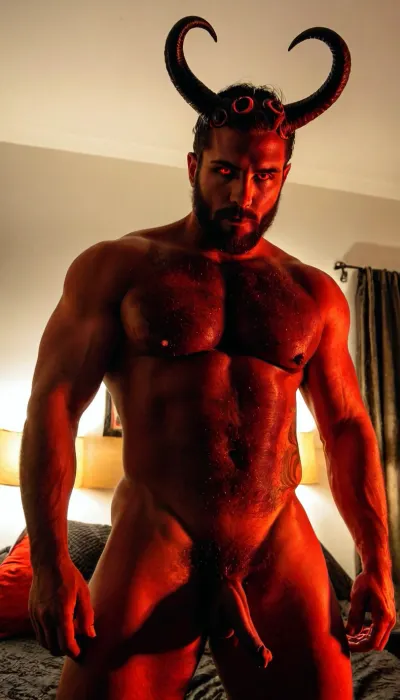 Bearded Man, Sexy manly devil demon King, dim light, fire, demon male devil, horns on head, fit body, manly muscular figure, bright red eyes, maximal details, masterpiece, the whole room is filled with smoke, ltctr, color, +, light, contour, <lora:light_contour_sdxl:.8>