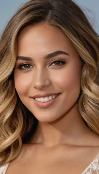 Create a, ((upper-body close up portrait of a 18 years young Californian woman—born on May 28, 1985, in Malibu—who is 41 years old today. She is wearing a white, sheer, delicate, airy, chiffon mini sundress with delicate lace embroidery and a very deep pluning V-neckline and a breathtakingly cleavage. She is a singer-songwriter known for tracks such as "Bubble, " "Falling for You, " "Brighter Than the Sun, " "You Got Me, " "I Do, " "Try, " "Lucky, " and "I Never Told You." She has a soft, slightly oval—ranging from elongated to heart-shaped—face with harmonious, friendly symmetry and contours. Her eyes are hazel to light brown, featuring subtle green-gold facets, they are distinctively almond-shaped. Her nose is relatively narrow, straight, and even, tapering to a slightly rounded tip. She has a wide smile. Her lips are full and evenly curved, with the lower lip appearing slightly fuller than the upper one. Her cheekbones are softly defined. When she smiles, prominent, round "apple cheeks" emerge, giving her a very youthful appearance. Her ears are medium-sized, well-proportioned, and lie flat against the sides of her head. She has a smooth, average-height forehead. Her face is framed by a center part. Her hair is naturally dark blonde with light blonde highlights in shades of honey, champagne, and ash blonde, or styled with an ombre effect, the texture is fine to medium, with soft waves and light curls. Naturally, she has rather light, fine, straight eyebrows. Her mouth is well-proportioned with full lips, and she displays a wide, warm, natural smile. She has high, gently curved cheekbones that lend her face a youthful freshness, especially when she smiles. Her forehead is smooth and of medium height. As a small, distinctive feature, she has a small, narrow, elongated, natural, skin-colored birthmark on her forehead, centered above her nose and eyebrows.))