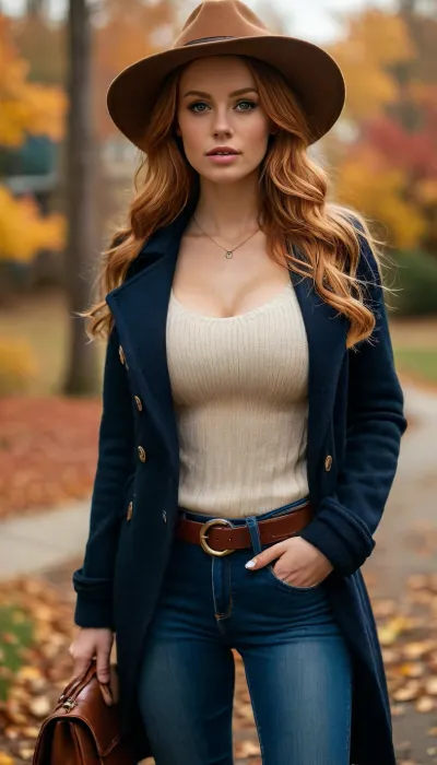 beautiful tall athletic blonde woman, athletic, college co-ed, red hair, jeans, belt, calf high boots, tight cable knit sweater, college campus in Maine, large, gigantic breasts, big, boobs, huge, tits, book bag slung over her shoulder, <lora:bombshell_v2:2>, <lora:MJ52:1.2>, long black peacoat, fall wide brimmed hat