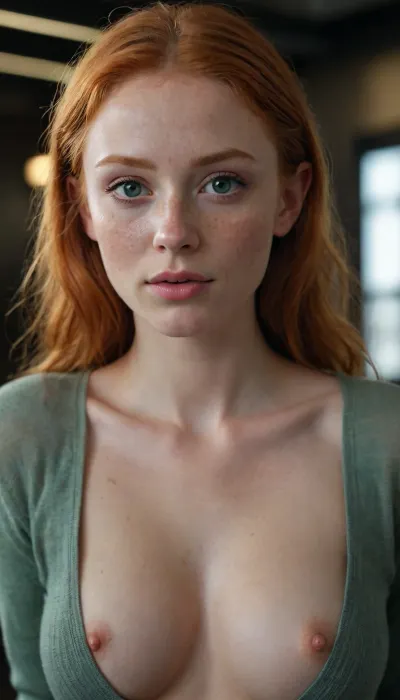 (beautiful 18years old ginger elf woman seems 13), (pointed ears), slim fit skinny slender, narrow torso, small A-cup tiny breasts, eyeliner, agate green doe eyes, large dilated pupils, (numerous freckles), disheveled hair, no clothing, (((hugs herself))), Accurate eyes. Realistic detailed eyes. Realistic skin texture. high quality, ((photorealistic)), hyperrealistic, extremely detailed, high resolution, accurate face, high resolution face, high resolution eyes, ((extreme light leaks)), ((very dimly lit)), low-key lighting, (night time), the, (light outlines), the curves of her body, (((dark room))), ((law light)), cinematic shot, dynamic lighting, 75mm, Technicolor, Panavision, cinemascope, sharp focus, fine details, 8k, HDR, realism, realistic, key visual, film still, cinematic color grading, depth of field, high contrast, full body view, professional photoshoot