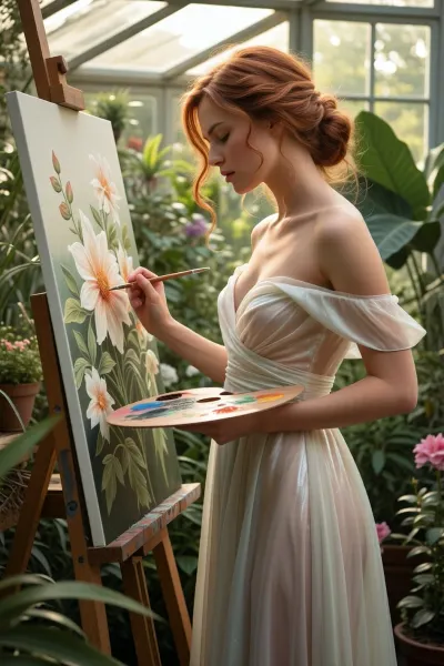 A masterpiece—a cinematic picture with many details in 8K image quality, A beautiful redhead woman embodying timeless elegance is painting a flower inside a lush greenhouse filled with vibrant greenery and delicate flowering plants. She is dressed in an elegant, flowing pastel-colored translucent white dress that drapes softly around her slender figure, exuding serenity and artistry. Her hair is styled in loose, romantic waves, framing her gentle, She carefully paints detailed flowers onto her canvas — her eyes closed in concentration — to capture the beauty of the flower. The woman's posture is poised yet natural, with one hand she hold a painting color palette while the other holds a fine brush, capturing the fine details of the blooming flower. The greenhouse is bathed in warm, dappled sunlight filtering through glass panels, creating a dreamy, luminous atmosphere. Surrounding her, various exotic plants and vibrant blossoms add rich textures and color contrasts, enhancing the scene’s lush, nurturing environment. The composition is a balanced close-up view that highlights the woman's artistic aura and the beauty of her gentle movements. The scene radiates tranquility, inspiration, and harmony with nature, styled in a romantic, impressionistic manner with soft lighting that emphasizes the delicate beauty and serenity of the moment.