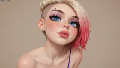Neocoill, innv style, (petite, skinny, thin), Cel-shaded, inked lineart, (bold outline:1.3), limited color palette, masterpiece, huge eyebrow piercing, smokey eyeshadow, (ultra glossy lips, reflective lips, lip shine), (plump lips, puffy lips, swollen lips, bimbo lips), (Spiderman bikini), (medium undercut, side of head shaved), blonde hair pink highlights, small breasts, (cocky smug:1.2), (ultra, HD, quality, details), (((simple beige background))), Dreamyvibes, Artstyle, <lora:mk_Bp Anime_xl:1.2>, <lora:lineartSDXL:2>, <lora:Dreamyvibes artstyle SDXL - Trigger with dreamyvibes artstyle:.8>, <lora:Spider-Gwen:2>, <lora:Lip_Gloss_sexy_lips_by_DarkEffect:.8>
