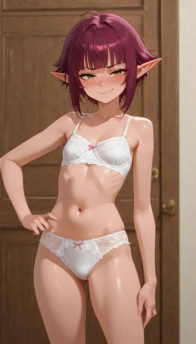 1girl, petite build, long pointy ears, random face traits, random eyes color, random haircut, random hair color, anime style, detailed shading, focus on face, smug face, blushing, smile, lacy underwear, ((standing, proud pose))
