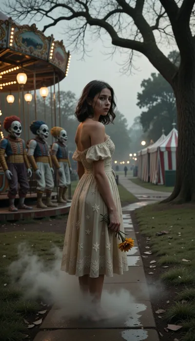 A highly detailed, horror-themed illustration inspired by *Día de los Muertos*, (Day of the Dead), . A young woman stands alone in a deserted park, facing the viewer—a medium-to-close shot. Her shoulders are hunched, her face turned slightly away from the camera, and tears roll silently down her pale cheeks. She wears an elegant dress embroidered with stars that shimmer ever so faintly against the muted, sepia-toned surroundings, illuminated by cold, natural light filtering through the bare branches of trees. In her right hand, she clutches a withered marigold—its drooping petals mirroring her own sorrow—while a light mist swirls around her ankles, blurring the edges of the concrete path beneath her feet.

Behind her lies an abandoned amusement park, flickering lanterns cast a soft amber glow upon empty stalls, and eerie clown figures—painted in the traditional *Día de los Muertos* style—lean against rusted carousels. Their hollow eye sockets seem to watch the young woman with a quiet, unsettling patience. In the mid-ground, a row of faded circus tents stands, their striped fabric stirring ever so slightly in the night breeze, in the distance, a street stretches out, dissolving into a blur of lights—creating a sense of depth while keeping the focus firmly on the solitary figure. In the background, oak trees loom like sentinels, their branches forming a natural frame that accentuates the symmetrical composition, while fog creeps through the undergrowth, deepening the chilling atmosphere. Light filters down from an overcast sky, casting a soft, cool glow that bathes everything in muted tones—faded beige and pale green—evoking the aesthetic of "slow-burn" horror, much like the films of A24. Shadows fall gently across the dress, accentuating the texture of the fabric and the glint of tears on the girl’s cheeks. A faint, lingering scent of incense and damp earth hangs in the air—like the echo of a celebration long since ended. The scene is captured using a 35mm anamorphic lens, (the 2.39:1), widescreen format transforms the park into a cinematic tableau, while a shallow depth of field brings the foreground into sharp focus, allowing the background to dissolve into a soft, artistic bokeh. The overall mood is both ominous and contemplative, inviting the viewer to sense a quiet dread amidst the empty carnival night and to wonder what unseen sorrow lies behind the girl’s silent tears.