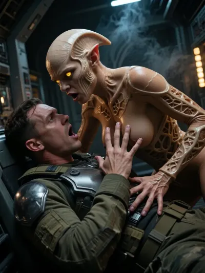 A photorealistic, cinematic scene inside a half-destroyed spaceship that has arrived from another galaxy. In a cramped metal corridor with emergency lighting and billowing steam, an energy vampire from another galaxy attacks a member of the Earthling research team.
The alien is a bald humanoid woman with prominent veins on her bald head, pointed ears, glowing bright-yellow eyes, and an aggressively open mouth. Her skin is glossy and damp, She wears a biomechanical suit with lattice-like structures and glowing orange implants, leaving her chest exposed. She looms over the man, her long-fingered hand with glossy skin rests firmly on his chest armor plate, sucking out his life energy.
The Earthling—a young man in an olive-green tactical uniform with an armored chest plate—lies on the floor, his head thrown back, his mouth wide open in a scream of pain, his expression one of shock and horror at the unexpected attack. Atmosphere, cold metal panels, flashing orange and white emergency lights, wisps of steam, dramatic three-dimensional lighting, strong contrast, a sense of danger and horror. Ultra-detailed rendering of skin, metal, the structures of the alien’s biomechanical armor, and facial expressions. Cinematic angle, tense dynamics, sci-fi horror, masterful quality.