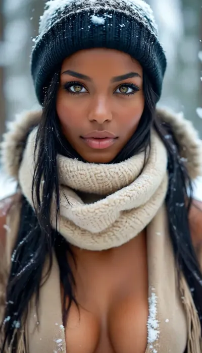 Masterpiece, perfect proportions, (((full body view))), beautiful sexy skinny 30 years black skin french woman, (ultra black skin woman:1.2), very long straight black hair, large boobs, (perfect face), high detail, ((topless, visible boobs)), shy smile, ((beanie)), scarf, her fur coat is opened wide, heavy eyeliner makeup, heavy snowfalls, snowy moutains, pines, (((in the snow))), ((stunning eyes)), perfect eyes, cold day, looking, at, viewer, green, eyes, blue, brown, perfecteyes, <lora:MJ52:.8>, <lora:looking_at_viewer:.8>, <lora:PerfectEyesXL:.8>, <lora:BUT_SDXL_SHS:.8>