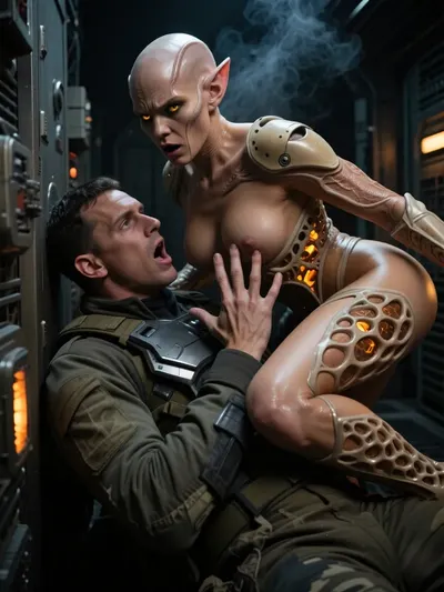 A photorealistic, cinematic scene inside a half-destroyed spaceship that has arrived from another galaxy. In a cramped metal corridor with emergency lighting and billowing steam, an energy vampire from another galaxy attacks a member of the Earthling research team.
The alien is a bald humanoid woman with prominent veins on her bald head, pointed ears, glowing bright-yellow eyes, and an aggressively open mouth. Her skin is glossy and damp, She wears a biomechanical suit with lattice-like structures and glowing orange implants, leaving her chest exposed. She looms over the man, her long-fingered hand with glossy skin rests firmly on his chest armor plate, sucking out his life energy.
The Earthling—a young man in an olive-green tactical uniform with an armored chest plate—lies on the floor, his head thrown back, his mouth wide open in a scream of pain, his expression one of shock and horror at the unexpected attack. Atmosphere, cold metal panels, flashing orange and white emergency lights, wisps of steam, dramatic three-dimensional lighting, strong contrast, a sense of danger and horror. Ultra-detailed rendering of skin, metal, the structures of the alien’s biomechanical armor, and facial expressions. Cinematic angle, tense dynamics, sci-fi horror, masterful quality.