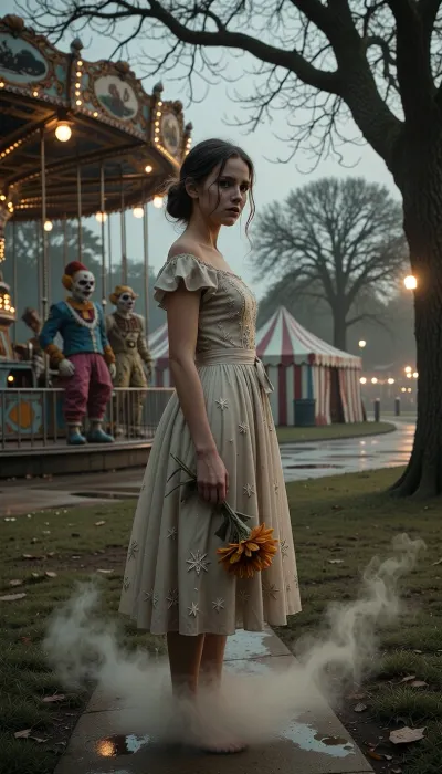 A highly detailed, horror-themed illustration inspired by *Día de los Muertos*, (Day of the Dead), . A young woman stands alone in a deserted park, facing the viewer—a medium-to-close shot. Her shoulders are hunched, her face turned slightly away from the camera, and tears roll silently down her pale cheeks. She wears an elegant dress embroidered with stars that shimmer ever so faintly against the muted, sepia-toned surroundings, illuminated by cold, natural light filtering through the bare branches of trees. In her right hand, she clutches a withered marigold—its drooping petals mirroring her own sorrow—while a light mist swirls around her ankles, blurring the edges of the concrete path beneath her feet.

Behind her lies an abandoned amusement park, flickering lanterns cast a soft amber glow upon empty stalls, and eerie clown figures—painted in the traditional *Día de los Muertos* style—lean against rusted carousels. Their hollow eye sockets seem to watch the young woman with a quiet, unsettling patience. In the mid-ground, a row of faded circus tents stands, their striped fabric stirring ever so slightly in the night breeze, in the distance, a street stretches out, dissolving into a blur of lights—creating a sense of depth while keeping the focus firmly on the solitary figure. In the background, oak trees loom like sentinels, their branches forming a natural frame that accentuates the symmetrical composition, while fog creeps through the undergrowth, deepening the chilling atmosphere. Light filters down from an overcast sky, casting a soft, cool glow that bathes everything in muted tones—faded beige and pale green—evoking the aesthetic of "slow-burn" horror, much like the films of A24. Shadows fall gently across the dress, accentuating the texture of the fabric and the glint of tears on the girl’s cheeks. A faint, lingering scent of incense and damp earth hangs in the air—like the echo of a celebration long since ended. The scene is captured using a 35mm anamorphic lens, (the 2.39:1), widescreen format transforms the park into a cinematic tableau, while a shallow depth of field brings the foreground into sharp focus, allowing the background to dissolve into a soft, artistic bokeh. The overall mood is both ominous and contemplative, inviting the viewer to sense a quiet dread amidst the empty carnival night and to wonder what unseen sorrow lies behind the girl’s silent tears.