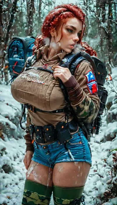 masterpiece, 1girl, solo, red haired, godess, georgeous, big breasts, tent, outside, snow, squeezing, tits, long hair, hourglass, beautiful, survival, lingerie, squeeze, touching, round ass, camping, backpack, hiking, forest, nature