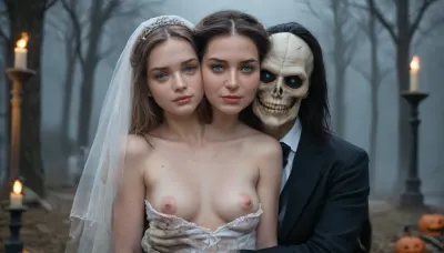 Halloween scene, grim reaper stands between 2 Women, (1st woman is wearing white lace wedding dress), (2nd woman is black silk formal dress), (((grim reaper is hugging both women))), Man dressed as grim reaper, (reaper has fire eyes, skeleton face), (man dressed as reaper), (puffy nipples:1.5), (hard nipples:1.5), (perky cleavage:1.2), no makeup, natural face, natural beauty, (small cleavage:1.8), (sagging cleavage:1.2), no bra, ultra detailed skin, realistic skin, long straight dark hair, (waist long hair), (majestic pale blue eyes:1.4), soft pink lipstick, wide set eyes, (pale skin:1.5), hair flowing over her shoulder, (formal styled hair), (pointed breasts:1.3), (small breasts:1.6), Scene set in a misty graveyard, Raining, heavy rain, wet clothes, high definition photo, shadows and contrasts, large tree shadow in background