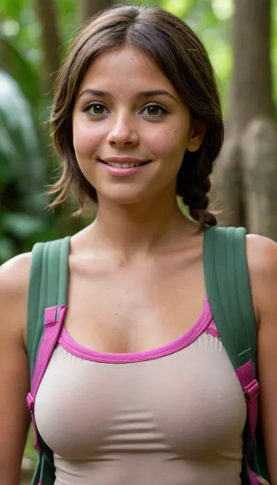 woman, Adult Dora the explorer, (((in very sexual erotic model pose))), (((very want have sex))), gymnastic body, blush on the cheeks and nose, lots of freckles face and skin, very happy smile, wet wild brown hairs in one braid, deep green hypnotized loving eyes, detailed horny face, nude, wearing pink rucksack, rainforest, Dora, brown, eyes, dark-skinned, female, tan, bob, cut