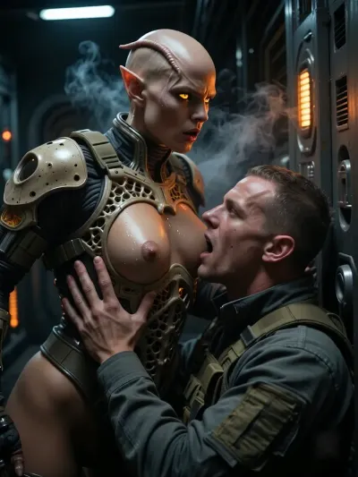 A photorealistic, cinematic scene inside a half-destroyed spaceship that has arrived from another galaxy. In a cramped metal corridor with emergency lighting and billowing steam, an energy vampire from another galaxy attacks a member of the Earthling research team.
The alien is a bald humanoid woman with prominent veins on her bald head, pointed ears, glowing bright-yellow eyes, and an aggressively open mouth. Her skin is glossy and damp, She wears a biomechanical suit with lattice-like structures and glowing orange implants, leaving her chest exposed. She looms over the man, her long-fingered hand with glossy skin rests firmly on his chest armor plate, sucking out his life energy.
The Earthling—a young man in an olive-green tactical uniform with an armored chest plate—lies on the floor, his head thrown back, his mouth wide open in a scream of pain, his expression one of shock and horror at the unexpected attack. Atmosphere, cold metal panels, flashing orange and white emergency lights, wisps of steam, dramatic three-dimensional lighting, strong contrast, a sense of danger and horror. Ultra-detailed rendering of skin, metal, the structures of the alien’s biomechanical armor, and facial expressions. Cinematic angle, tense dynamics, sci-fi horror, masterful quality.