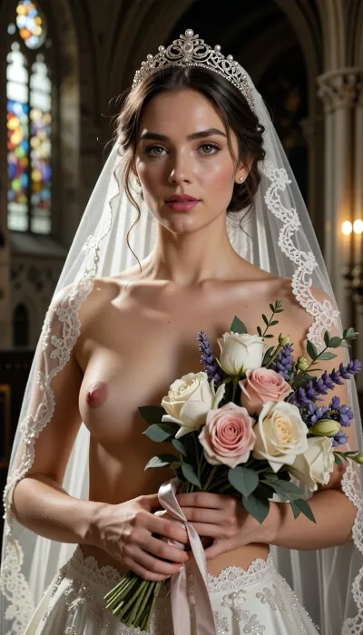 hot with a high-end Leica Noctilux-M 85mm f/1.2 prime lens at wide-open aperture, hyperrealistic waist-up medium fine-art portrait capturing the bride from head down to her waistline, raw camera fidelity, unretouched natural skin texture displaying fine pores, subtle skin grain, soft vellus hairs, and delicate natural flush, ultra-fine film grain, dramatic romantic chiaroscuro lighting, masterwork composition, 8K resolution.

A breathtakingly beautiful bride on her wedding day, framed in a romantic waist-up fine-art nude portrait inside the sacred, serene atmosphere of a medieval Gothic cathedral. Her face, bare shoulders, uncovered breasts, and hands are illuminated by a radiant beam of soft, cinematic morning sunlight filtering through ancient stained glass windows, casting ethereal, whisper-soft rose, gold, and amber highlights across her features and bare skin.

Her facial anatomy and features are captured with flawless clarity, a perfectly balanced symmetrical oval face, high softly sculpted cheekbones touched by a gentle peach blush, luminous dew-kissed skin texture, and large almond-shaped hazel eyes framed by dark fluttery eyelashes. Her eyelids feature iridescent pearl eyeshadow with a satin finish, leading down to a fine straight nose and full, supple lips with dusty-pink satin lipstick emphasizing her delicate cupid's bow.

Her hair is styled into a soft, sophisticated low chignon with loose waves kissing her jawline. She wears a magnificent white gold tiara intricately wrought with filigree scrollwork and encrusted with brilliant-cut micro-diamonds and pearls, with a sheer Chantilly lace cathedral veil draped gracefully over her head and flowing behind her back, leaving her front completely exposed.

At waist height, her hands naturally and gracefully hold a lavish, hand-tied artisanal bouquet overflowing with blooming white peonies, soft dusty-pink garden roses with folded petals, fragrant lavender sprigs, and muted eucalyptus leaves, bound with a trailing raw silk ribbon with slightly frayed edges.

Explicit fine-art NSFW design, she wears an ultra-sheer, fully see-through transparent tulle veil top that leaves her natural bare breasts, dark areolas, and nipples completely visible underneath. Minimalist silver lace motifs and scattered Swarovski crystals adhere lightly across the completely translucent mesh, combining provocative NSFW exposure with elegant bridal aesthetics and delicate shadow play.

The background dissolves into a smooth, creamy bokeh showing the majestic carved stone pillars of the cathedral, glowing candlelight from flickering votive candles, and towering vaulted arches. Perfect color grading, high-contrast chiaroscuro, uncompromised raw photograph fidelity.