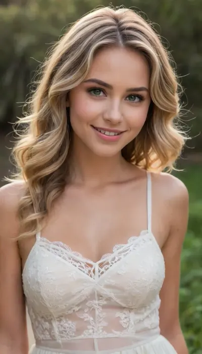 Create a, ((upper-body close up portrait of a 18 years young Californian woman—born on May 28, 1985, in Malibu—who is 41 years old today. She is wearing a white, sheer, delicate, airy, chiffon mini sundress with delicate lace embroidery and a very deep pluning V-neckline and a breathtakingly cleavage. She is a singer-songwriter known for tracks such as "Bubble, " "Falling for You, " "Brighter Than the Sun, " "You Got Me, " "I Do, " "Try, " "Lucky, " and "I Never Told You." She has a soft, slightly oval—ranging from elongated to heart-shaped—face with harmonious, friendly symmetry and contours. Her eyes are hazel to light brown, featuring subtle green-gold facets, they are distinctively almond-shaped. Her nose is relatively narrow, straight, and even, tapering to a slightly rounded tip. She has a wide smile. Her lips are full and evenly curved, with the lower lip appearing slightly fuller than the upper one. Her cheekbones are softly defined. When she smiles, prominent, round "apple cheeks" emerge, giving her a very youthful appearance. Her ears are medium-sized, well-proportioned, and lie flat against the sides of her head. She has a smooth, average-height forehead. Her face is framed by a center part. Her hair is naturally dark blonde with light blonde highlights in shades of honey, champagne, and ash blonde, or styled with an ombre effect, the texture is fine to medium, with soft waves and light curls. Naturally, she has rather light, fine, straight eyebrows. Her mouth is well-proportioned with full lips, and she displays a wide, warm, natural smile. She has high, gently curved cheekbones that lend her face a youthful freshness, especially when she smiles. Her forehead is smooth and of medium height. As a small, distinctive feature, she has a small, narrow, elongated, natural, skin-colored birthmark on her forehead, centered above her nose and eyebrows.))