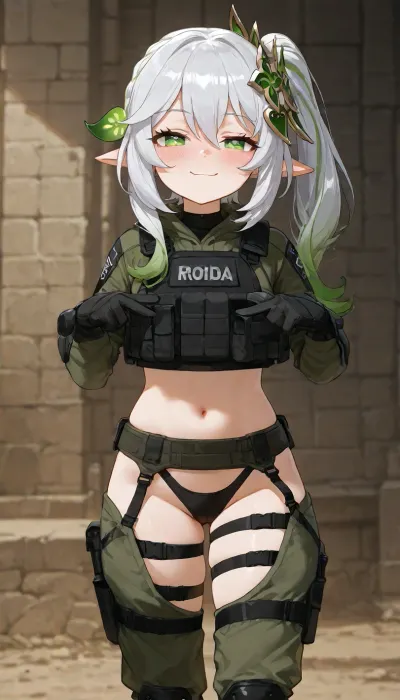 1girl, petite build, nahida from genshin impact, anime style, detailed shading, focus on face, smug face, blushing, smile, skimpy soldier outfit, bulletproof vest, ((standing, proud pose))