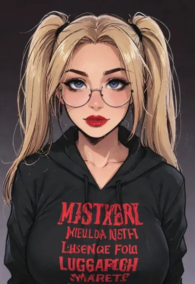 ((Melkor mancin meet markgavatino style)), reiq style, masterpiece, slender body, long blonde hair, twintails, skinny, dark red lipstick, goth makeup, round glasses, oversised goth hoodie, ((slut writing:1.4)), (large massive breasts), dark background, ratatatat74, SamDoesArts, <lora:LCMTurboMix_Euler_A_fix:.9>, <lora:ratatatat74-000050:1.4>, <lora:mk_Bp Anime_xl:1.6>, <lora:SDXLSamDoesArts:1.4>