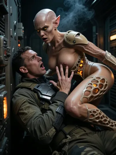 A photorealistic, cinematic scene inside a half-destroyed spaceship that has arrived from another galaxy. In a cramped metal corridor with emergency lighting and billowing steam, an energy vampire from another galaxy attacks a member of the Earthling research team.
The alien is a bald humanoid woman with prominent veins on her bald head, pointed ears, glowing bright-yellow eyes, and an aggressively open mouth. Her skin is glossy and damp, She wears a biomechanical suit with lattice-like structures and glowing orange implants, leaving her chest exposed. She looms over the man, her long-fingered hand with glossy skin rests firmly on his chest armor plate, sucking out his life energy.
The Earthling—a young man in an olive-green tactical uniform with an armored chest plate—lies on the floor, his head thrown back, his mouth wide open in a scream of pain, his expression one of shock and horror at the unexpected attack. Atmosphere, cold metal panels, flashing orange and white emergency lights, wisps of steam, dramatic three-dimensional lighting, strong contrast, a sense of danger and horror. Ultra-detailed rendering of skin, metal, the structures of the alien’s biomechanical armor, and facial expressions. Cinematic angle, tense dynamics, sci-fi horror, masterful quality.