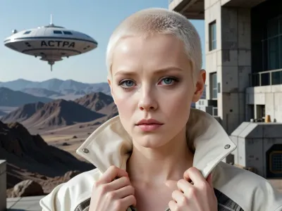 A film poster in the style of the cult Soviet science fiction film from 1980, *Through Thorns to the Stars*. At the centre of the composition is a close-up of the alien Nia — an artificial human, a young woman with very short, platinum-blonde hair sticking out in all directions. She has pale skin bathed in soft light, large, expressive eyes, a serious expression on her face, and she is looking straight into the camera. She is wearing a light-coloured jacket with a high stand-up collar, both hands are raised to her neck, holding the collar on either side, whilst her fingers are rendered in detail and look natural. In the background is a pale blue sky above the desolate, rocky mountain landscape of the planet Dessa, with its stony slopes and plains. In the background, to one side in the sky, a disc-shaped environmental aid spacecraft, (‘wastewater treatment vessel’), is visible, with the word ‘ASTRA’ in large letters on its hull and orange lights on its underside. On the other side, in the distance, a multi-storey research building is visible, featuring windows, antennas and technical structures. Soft, dramatic cinematic lighting emphasising the face and collar, high photorealism styled after a Soviet science fiction poster from the 1980s, and ultra-detailed rendering — a true masterpiece.