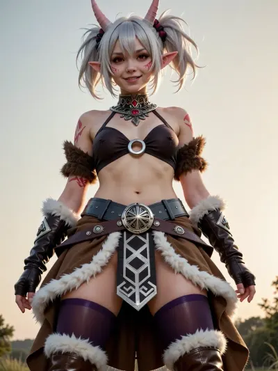 masterpiece, best quality, ultra-detailed, 1girl, solitary, Mimi Alpacas, youthful ogre girl, pale pink skin, short spiky silver-white hair, messy twintails, blunt bangs, pointy ears, two long slender pale pink horns rising from the top of the head, dark red eyes, confident smiling expression, red tribal markings on cheeks and shoulders, wearing dark brown bikini-style halter top with metallic center ring, ornate metal collar with red gem, dark armbands, brown fur-lined wrist gauntlets, dark gloves, wide grey metallic belt with circular buckle, brown layered skirt-flap with white fur trim, dark violet thigh-high stockings with white band, brown leather boots with white fur trim, warm golden hour backlighting, fantasy character design, detailed costume construction, layered fabrics, leather textures, metallic accessories, intricate geometric patterns, clean silhouette, detailed hair strands, 8k resolution, aesthetic, rear view Low-angle shot of up skirt