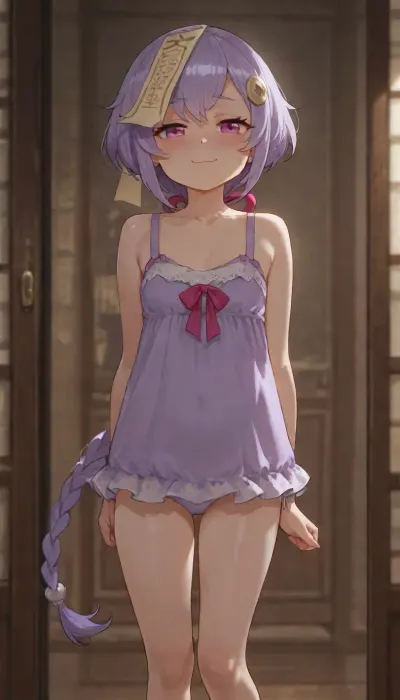 1girl, petite build, qiqi from genshin impact, anime style, detailed shading, focus on face, smug face, blushing, smile, underwear, ((standing, proud pose))