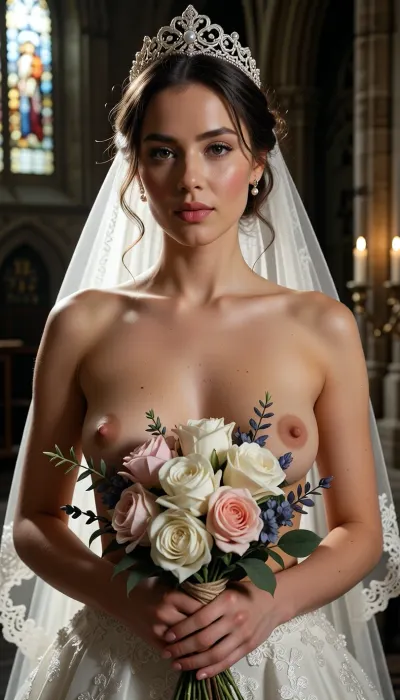 Shot with a high-end Leica Noctilux-M 85mm f/1.2 prime lens at wide-open aperture, hyperrealistic waist-up medium fine-art portrait capturing the bride from head down to her waistline, raw camera fidelity, unretouched natural skin texture displaying fine pores, subtle skin grain, soft vellus hairs, and delicate natural flush, ultra-fine film grain, dramatic romantic chiaroscuro lighting, masterwork composition, 8K resolution.

A breathtakingly beautiful bride on her wedding day, framed in a romantic waist-up fine-art nude portrait inside the sacred, serene atmosphere of a medieval Gothic cathedral. Her face, bare shoulders, uncovered breasts, and hands are illuminated by a radiant beam of soft, cinematic morning sunlight filtering through ancient stained glass windows, casting ethereal, whisper-soft rose, gold, and amber highlights across her features and bare skin.

Her facial anatomy and features are captured with flawless clarity, a perfectly balanced symmetrical oval face, high softly sculpted cheekbones touched by a gentle peach blush, luminous dew-kissed skin texture, and large almond-shaped hazel eyes framed by dark fluttery eyelashes. Her eyelids feature iridescent pearl eyeshadow with a satin finish, leading down to a fine straight nose and full, supple lips with dusty-pink satin lipstick emphasizing her delicate cupid's bow.

Her hair is styled into a soft, sophisticated low chignon with loose waves kissing her jawline. She wears a magnificent white gold tiara intricately wrought with filigree scrollwork and encrusted with brilliant-cut micro-diamonds and pearls, with a sheer Chantilly lace cathedral veil draped gracefully over her head and flowing behind her back, leaving her front completely exposed.

At waist height, her hands naturally and gracefully hold a lavish, hand-tied artisanal bouquet overflowing with blooming white peonies, soft dusty-pink garden roses with folded petals, fragrant lavender sprigs, and muted eucalyptus leaves, bound with a trailing raw silk ribbon with slightly frayed edges.

Explicit fine-art NSFW design, she wears an ultra-sheer, fully see-through transparent tulle veil top that leaves her natural bare breasts, dark areolas, and nipples completely visible underneath. Minimalist silver lace motifs and scattered Swarovski crystals adhere lightly across the completely translucent mesh, combining provocative NSFW exposure with elegant bridal aesthetics and delicate shadow play.

The background dissolves into a smooth, creamy bokeh showing the majestic carved stone pillars of the cathedral, glowing candlelight from flickering votive candles, and towering vaulted arches. Perfect color grading, high-contrast chiaroscuro, uncompromised raw photograph fidelity.