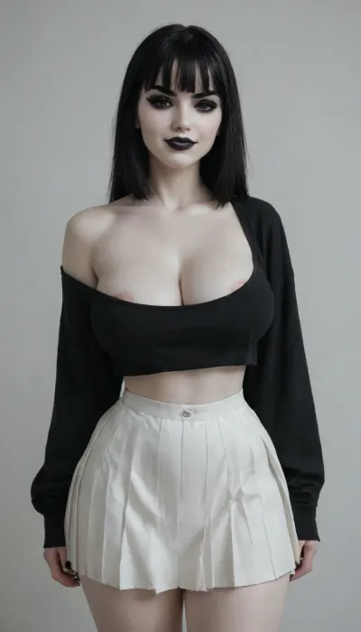 goth, (pale ash white skin:2.3), dark black eyes, medium black hair, bangs hair, (black eyeliner:1.5), (black lipstick), full lips, black sleeves, large full breasts, nice hips, perky saggy gigantic boobs, pokies, low rise pleated skirt, smirk