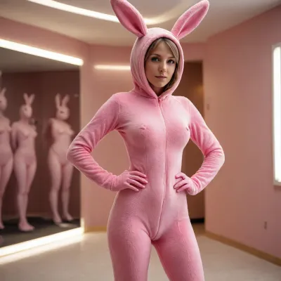 Woman in pink bunny suit, full body view, super tight bunny suit, small breasts, slender figure