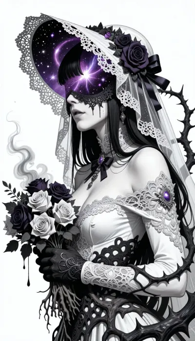 [KTA], (Dark Fantasy Artwork), artistic, low angle, detailed gothic ink drawing, b/w linework, violet-magenta cosmic accents, sharp silhouettes, intricate lace, elegant horror, elegant profile portrait set against clean white negative space, a belle roughly 40-year-old cosmic bride with a floral head, large lace bridal hat and veil, lavishly adorned with dark roses and ribbons, face entirely replaced by a dark veil of roses, long dark hair with straight bangs visible beneath the veil, calm, cold, eerie aura, cosmic elements within the veil, a deep galactic void filled with nebulae, stars, glowing particles, and dark cosmic smoke, dark, thorny vines winding around her like living shadows, holding a disturbing bridal bouquet of pale roses entwined with dripping shadows and interlaced roots, smoky, romantic cosmic decay, delicate, silent bridal nightmare, natural beauty, /KlTTY-ART/