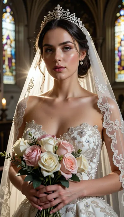Shot with a high-end Leica Noctilux-M 85mm f/1.2 prime lens at wide-open aperture, hyperrealistic waist-up medium portrait capturing the bride from head down to her waistline, raw camera fidelity, unretouched natural skin texture displaying fine pores, subtle skin grain, soft vellus hairs, and delicate natural flush, ultra-fine film grain, dramatic romantic lighting, masterwork composition, 8K resolution.

A breathtakingly beautiful bride on her wedding day, framed in a romantic waist-up shot inside the sacred, serene atmosphere of a medieval Gothic cathedral. Her face, bodice, and hands are illuminated by a radiant beam of soft, cinematic morning sunlight filtering through ancient stained glass windows, casting ethereal, whisper-soft rose, gold, and amber highlights across her features and creating a deeply atmospheric aura.

Her facial anatomy and features are captured with flawless clarity, a perfectly balanced symmetrical oval face, high softly sculpted cheekbones touched by a gentle peach blush, luminous dew-kissed skin texture, and large almond-shaped hazel eyes framed by dark fluttery eyelashes. Her eyelids feature iridescent pearl eyeshadow with a satin finish, leading down to a fine straight nose and full, supple lips with dusty-pink satin lipstick emphasizing her delicate cupid's bow.

Her hair is styled into a soft, sophisticated low chignon with loose waves kissing her jawline. She wears a magnificent white gold tiara intricately wrought with filigree scrollwork and encrusted with brilliant-cut micro-diamonds and pearls, with a sheer Chantilly lace cathedral veil flowing gracefully over her shoulders like mist.

Crucial composition element, at waist height, her elegantly manicured hands with natural nude-pink polished nails tenderly cradle a lavish, hand-tied artisanal bouquet overflowing with blooming white peonies, soft dusty-pink garden roses with folded petals, fragrant lavender sprigs, and muted eucalyptus leaves, bound with a trailing raw silk ribbon with slightly frayed edges.

Her high-fashion wedding gown is an extraordinary triumph of haute couture craftsmanship. The illusion tulle neckline and form-fitting bodice are lavishly hand-embroidered with shimmering silver threads, creating intricate baroque motifs and botanical vines. Deeply embedded within the lace structure are hundreds of hand-sewn Swarovski crystals, clear sapphires, and seed pearls that sparkle intensely as they catch the light.

The background dissolves into a smooth, creamy bokeh showing the majestic carved stone pillars of the cathedral, glowing candlelight from flickering votive candles, and towering vaulted arches. Perfect color grading, high-contrast chiaroscuro, uncompromised raw photograph fidelity.