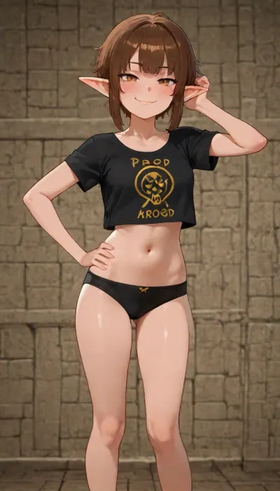 1girl, petite build, long pointy ears, random face traits, random eyes color, random haircut, random hair color, anime style, detailed shading, focus on face, smug face, blushing, smile, underwear, ((standing, proud pose))